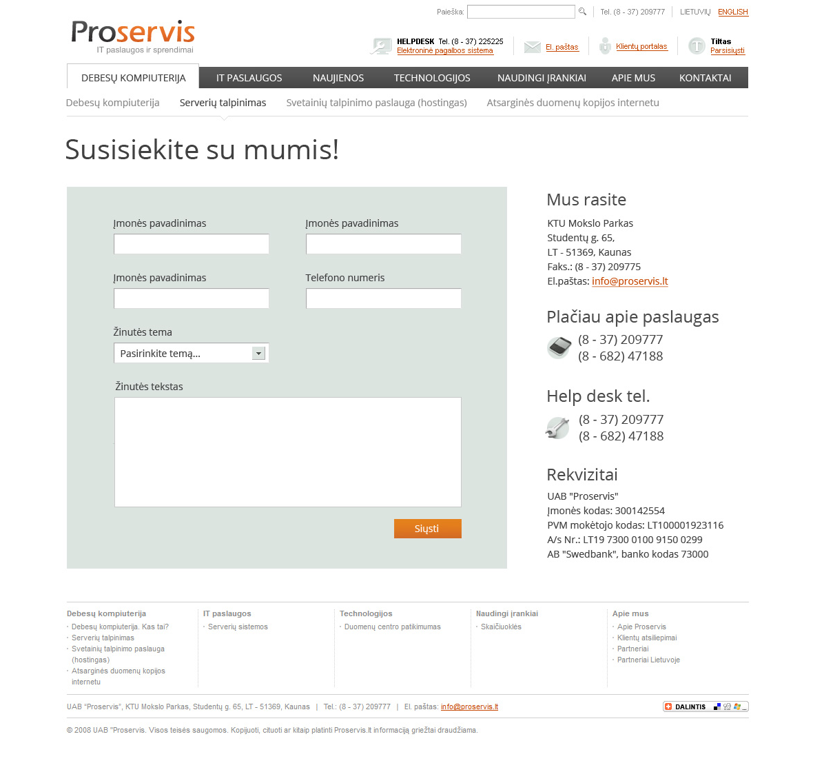 Proservis IT Cloud Computing contacts page design